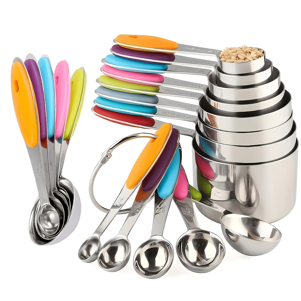 Stainless Steel Measuring Spoon Set with Silicone Handles, Five-Piece Kitchen Measuring Tools in Random Colors for Everyday Home Cooking and Baking Prep