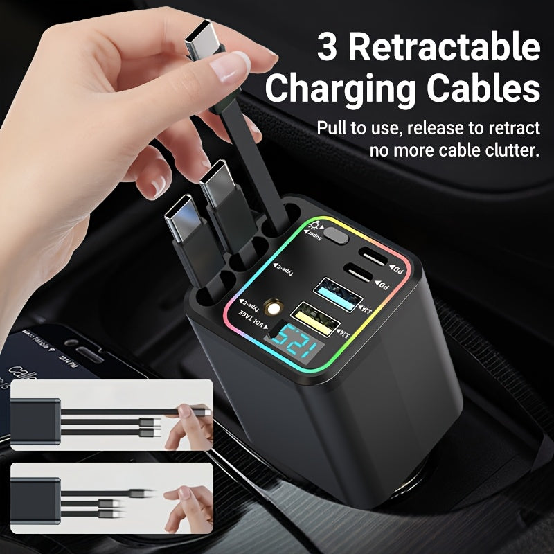 Retractable Cable Car Charger, Three Extendable Leads with Color Lighting, LED Digital Display and Listed 180-Degree Adjustment for In-Car Phone Charging