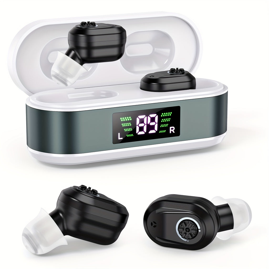In-Ear Rechargeable Hearing Devices by K&FCOPTEE with Rotary Volume Control, Digital Display Charging Case and Three Ear Dome Sizes, One Pair