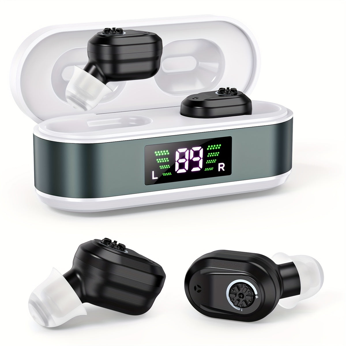 In-Ear Rechargeable Hearing Devices by K&FCOPTEE with Rotary Volume Control, Digital Display Charging Case and Three Ear Dome Sizes, One Pair