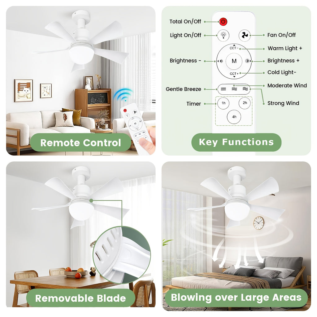 White Socket Fan Light with 20.5-Inch Design, Remote Control and Dimmable LED, Three 3000K–6500K Light Tones for Bedroom, Kitchen and Living Room Use