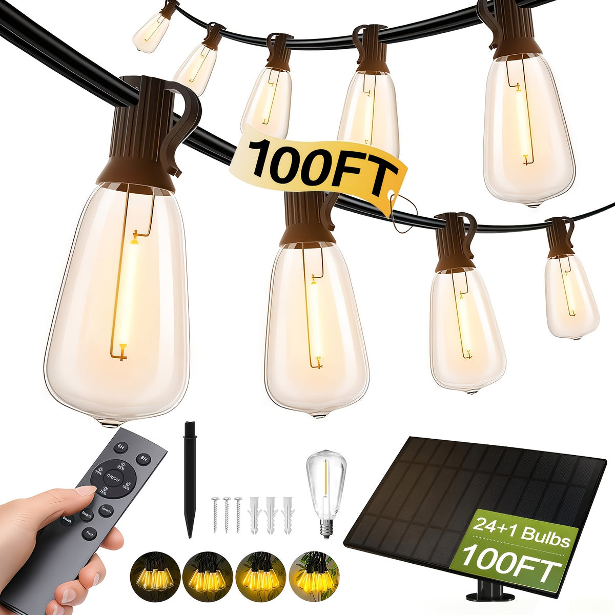 ST38 Solar Patio String Lights with Listed 2700K Warm Light and E12 Base, 100 to 200ft Length Options for Garden, Courtyard and Party Backdrop Decoration
