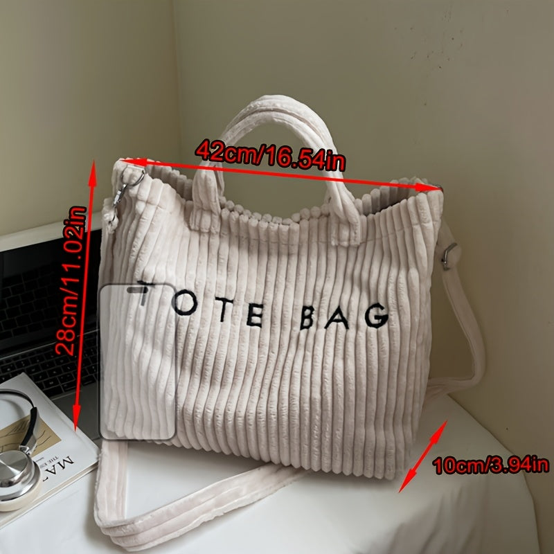 Large Capacity Corduroy Tote Bag for Women with Adjustable Shoulder Strap, Letter Pattern and Contrast Design for Work and Casual Crossbody Wear
