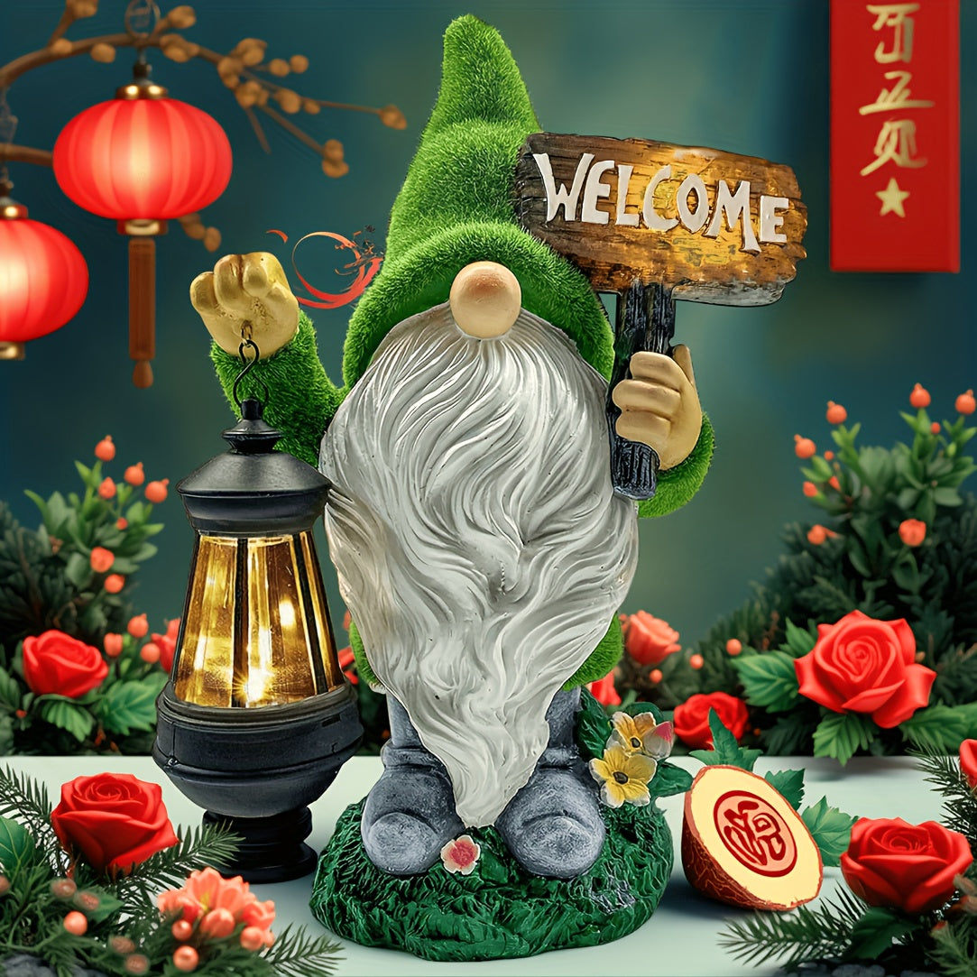 Garden Gnome Statue in Green with Flocked Resin Wording, Solar Lantern and Welcome Sign References for Decorative Porch, Patio and Garden Displays