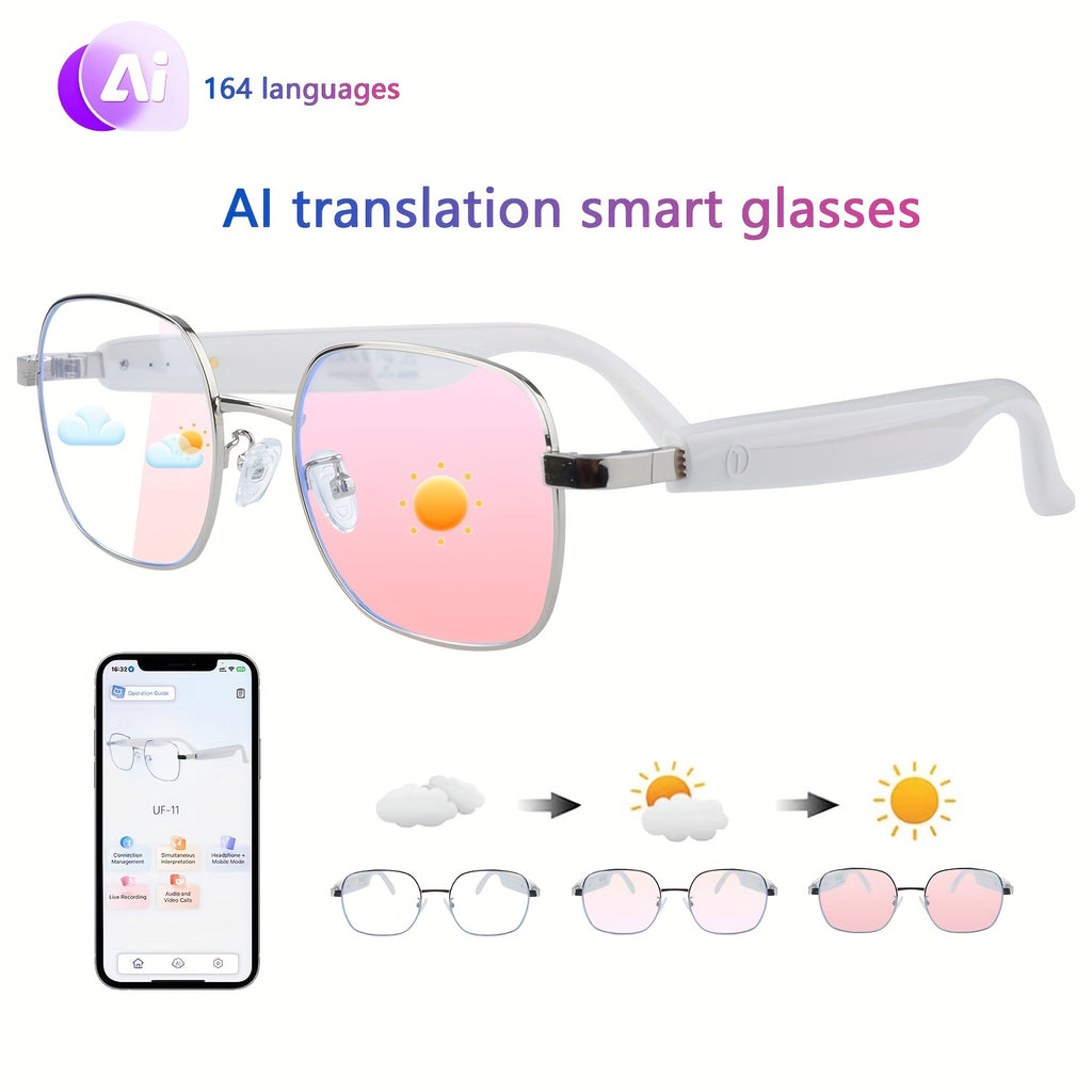 Auto-Tint AI Translation Glasses with Listed 164-Language Support, Calling and Music Playback, Black Metal or UF05 Gold and Silver Lens Options