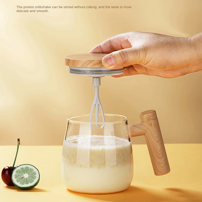 Self-Stirring Mug 400ml OBS-JB01 with Listed 8cm Stirring Bar, Borosilicate Glass and Imitation-Wood Plastic Design for Coffee, Milk and Compatible Powdered Drinks