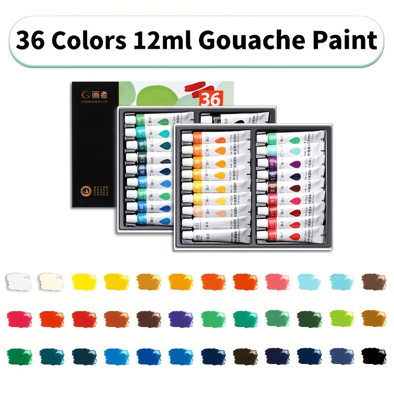 Gouache Paint Set with 36 Colors in Listed 12ml Tubes, Rich Coverage Reference for Adult Artists, Paper Painting, Compatible Canvas and DIY Crafts