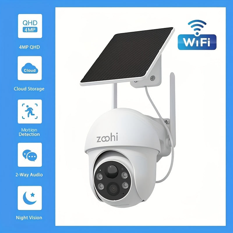 4MP Solar WiFi Security Camera with 355-Degree Pan and 90-Degree Tilt, Outdoor Battery Camera with Color Night Vision, Motion Detection and Two-Way Audio