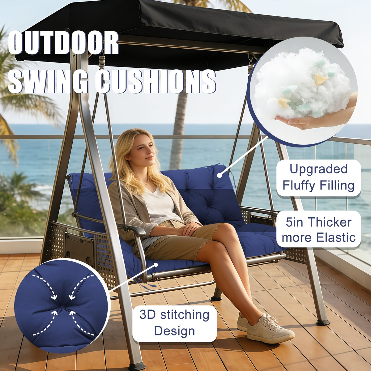 Porch Swing Replacement Cushion with Backrest and Ties, Listed 5-Inch Thickness, 48 or 60-Inch Size Labels and Five Color Choices for Patio Bench Seating