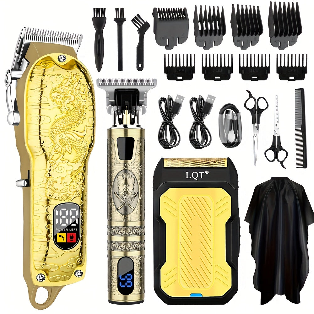 LQT Hair Clipper Set for Men with USB Rechargeable Design, Retro Styling and Golden Dragon Package Options for Home Haircuts, Detailing and Grooming Gifts