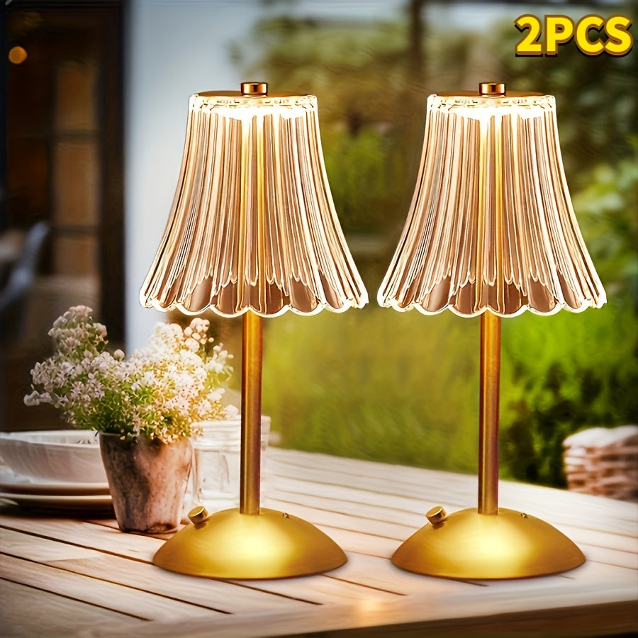 Retro Mini Table Lamp Set of 2 in Golden Finish, USB Rechargeable 12-Inch LED Lights with Three-Color Touch Control, Non-Dimmable Dining Decor