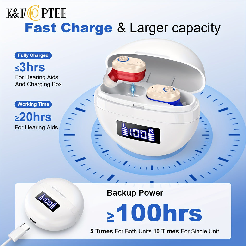 Rechargeable Hearing Device Pair K&FCOPTEE with Digital Display Charging Case, Rotary Volume Control, Six Silicone Ear Domes and Cleaning Accessories