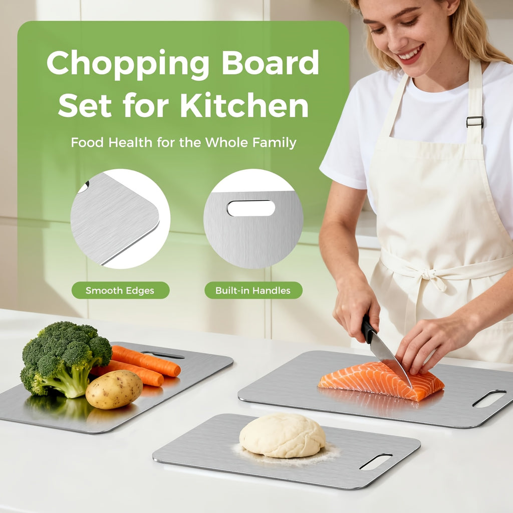 Stainless Steel Cutting Board Set of 3 with Reversible Surfaces, 10 x 6, 12 x 8 and 14 x 10 Inch Kitchen Prep Boards for Fruit, Vegetables and Dough