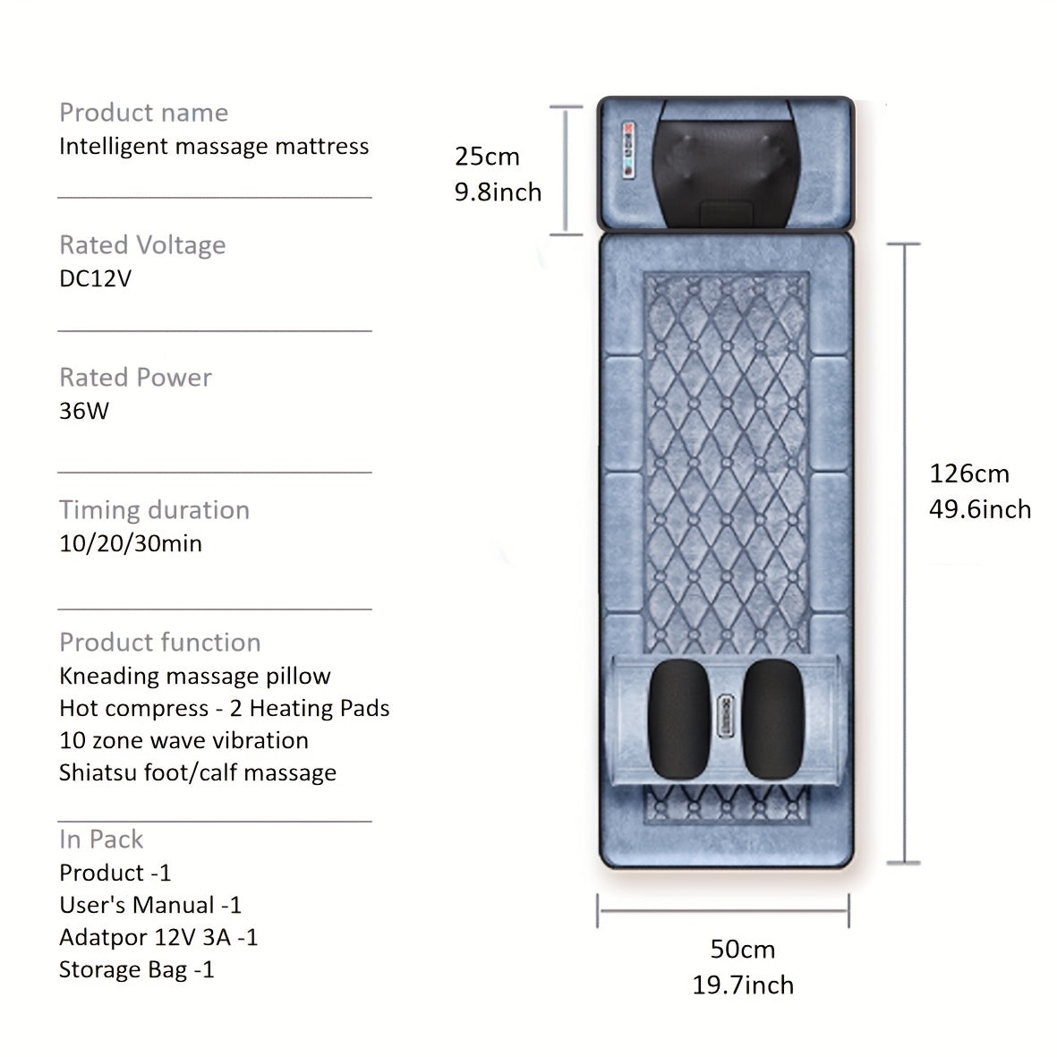 Full Body Massage Mat with Heat, 10-Zone Wave Vibration Pad and Kneading Pillow, Optional Foot and Calf Massager for Home Relaxation