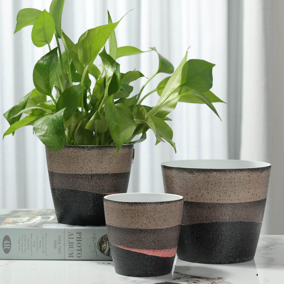 Modern Round Planter Set, Three PolyStone Plant Pots with Listed Polymer Finish in Mixed 4/5/6 Inch or 6.5 Inch Style Options for Indoor and Outdoor Home Decor
