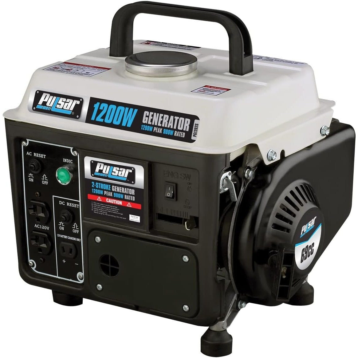 Gas-Powered Portable Generator by Pulsar with Carrying Handle, Listed 1200 Peak and 900 Running Watts, Recoil Start and 120V Outlets for Outdoor Power