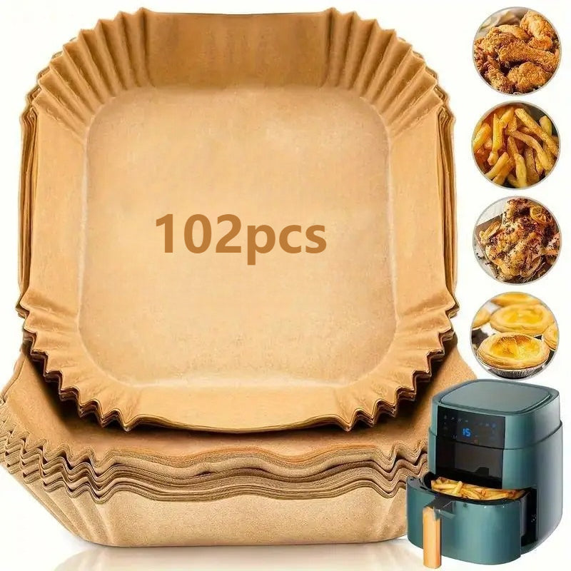 Air Fryer Paper Liners in 52 or 102-Piece Packs, Disposable Nonstick Baking Pads with Listed Oil and Water Resistance for Compatible Basket Cooking and Meal Prep