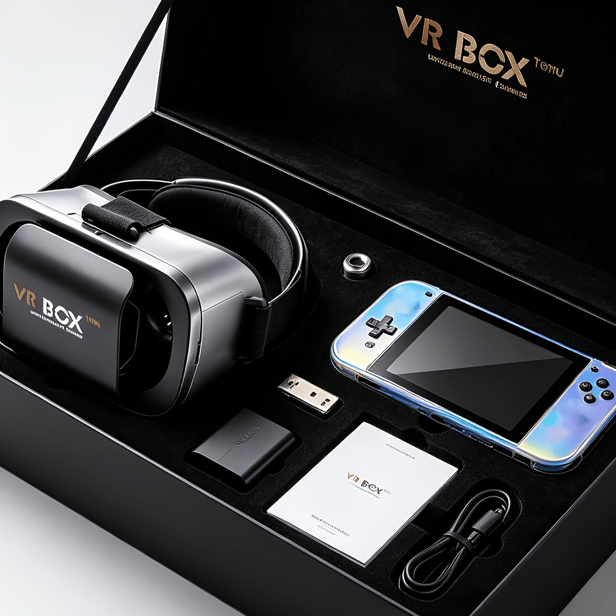 VR Glasses and Retro Handheld Game Console 2-Piece Set, Phone-Based 3D Viewer for Listed 5-7 Inch Smartphones with Separate Portable Gaming Device