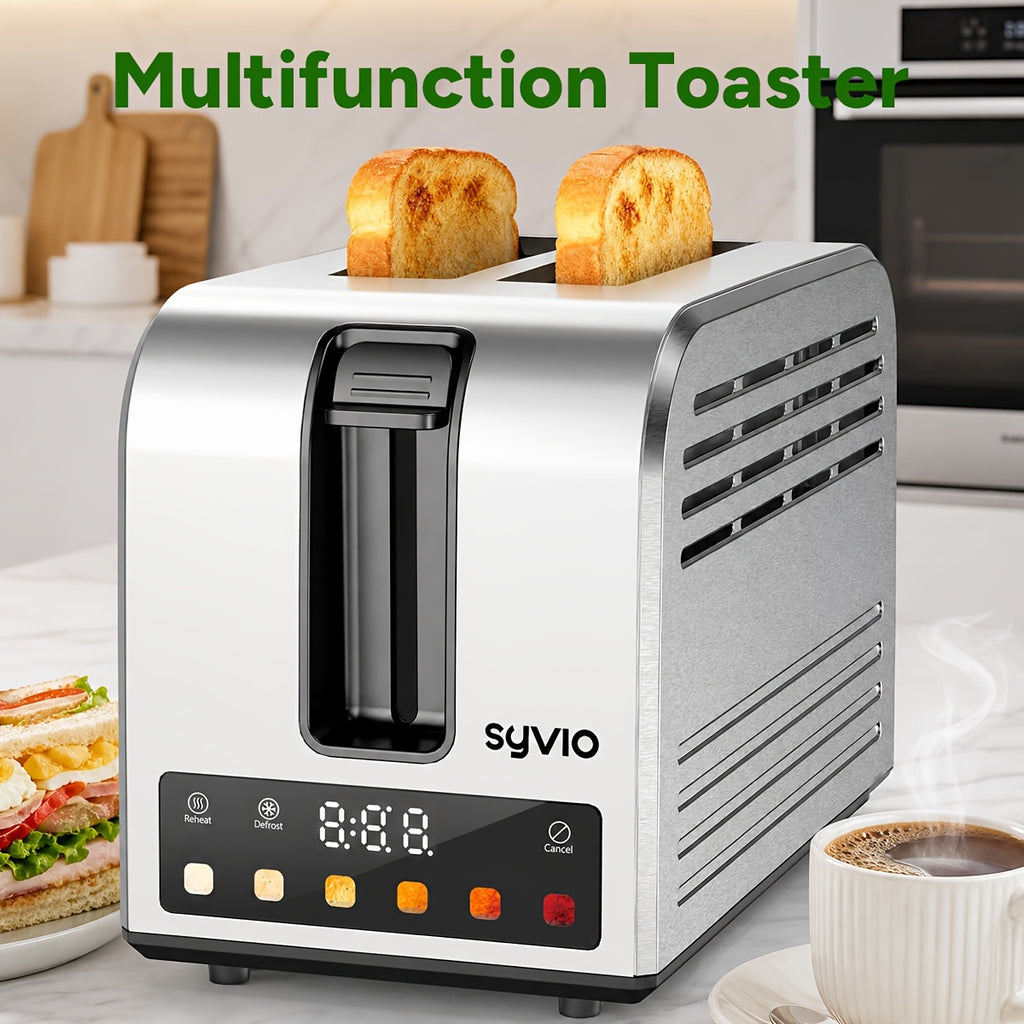 Stainless Steel Smart Toaster by Syvio with Listed Touchscreen Controls, Five Bread Types, Six Browning Levels, Wide Slots and Removable Tray for Breakfast