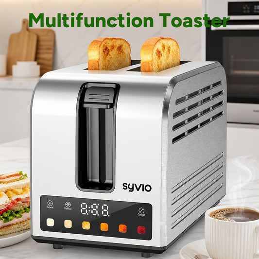 Stainless Steel Smart Toaster by Syvio with Listed Touchscreen Controls, Five Bread Types, Six Browning Levels, Wide Slots and Removable Tray for Breakfast