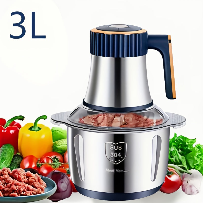 3L Electric Food Chopper with Stainless Steel Body, Five-Key Controls and Four-Blade Cutter for Meat, Garlic, Vegetables and Everyday Kitchen Prep