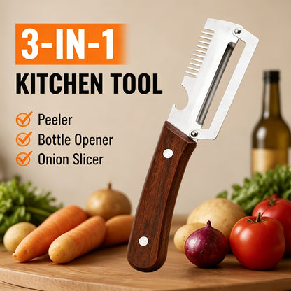 3-in-1 Stainless Steel Vegetable Peeler Set, 2-Piece Manual Kitchen Tools with Potato Peeling, Vegetable Slicing and Bottle Opener Functions for Home Cooking