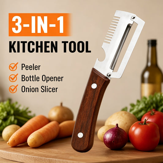 3-in-1 Stainless Steel Vegetable Peeler Set, 2-Piece Manual Kitchen Tools with Potato Peeling, Vegetable Slicing and Bottle Opener Functions for Home Cooking