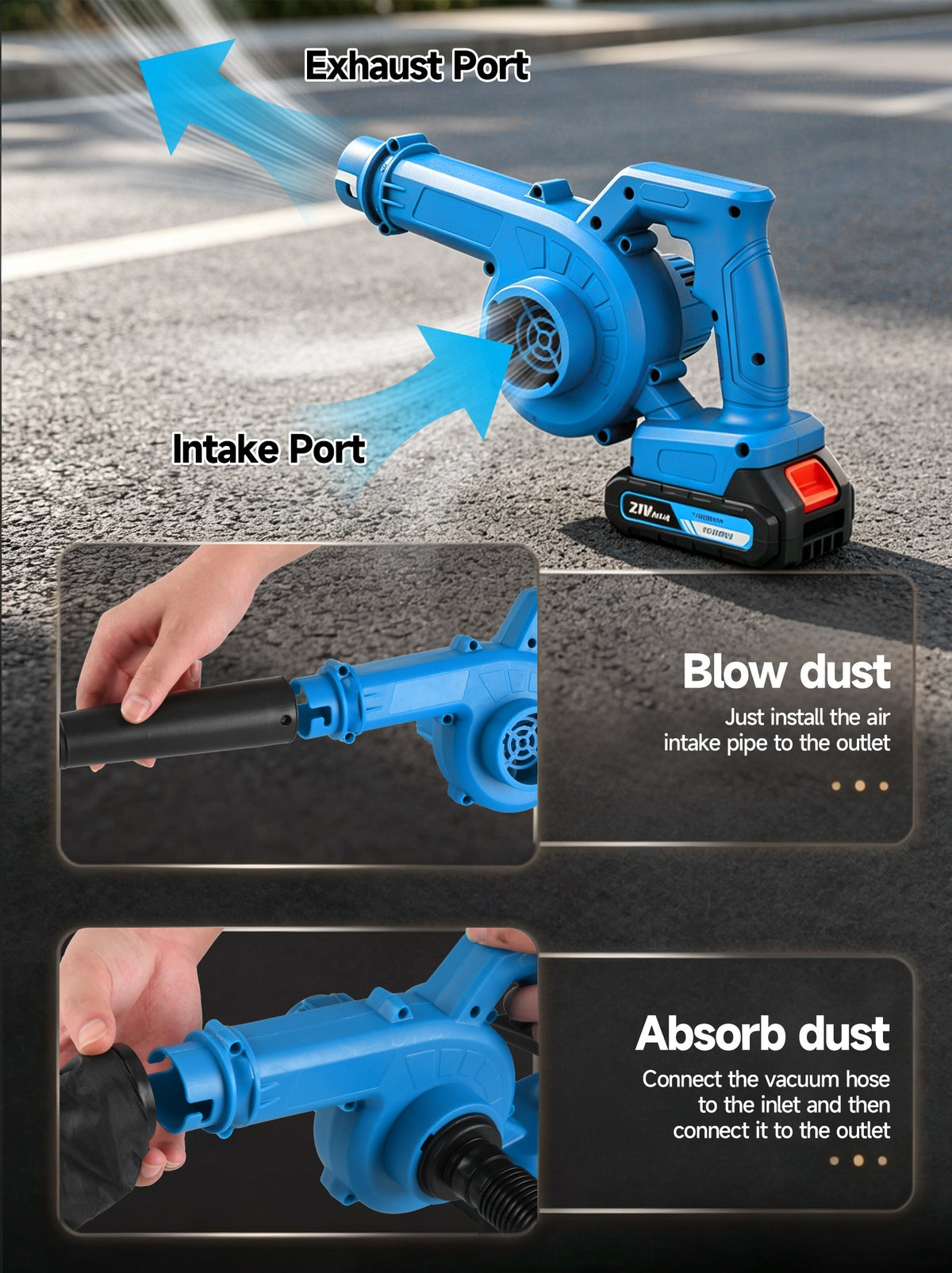 Cordless Leaf Blower and Vacuum with Extension Tube for Yard Cleanup, Handheld Tool in Black One-Battery, Blue Two-Battery and Five-Piece Kit Options