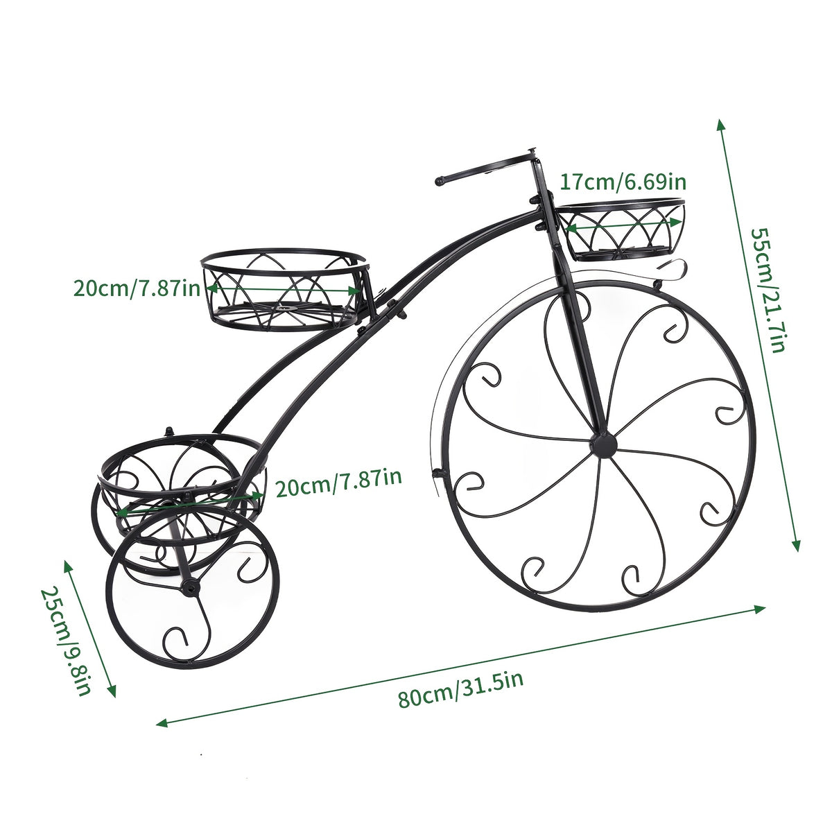 Tricycle Plant Stand in Black or White with Three Iron Pot Holders, Decorative Bicycle Flower Display with Fixed Wheels for Home and Suitable Patio Spaces