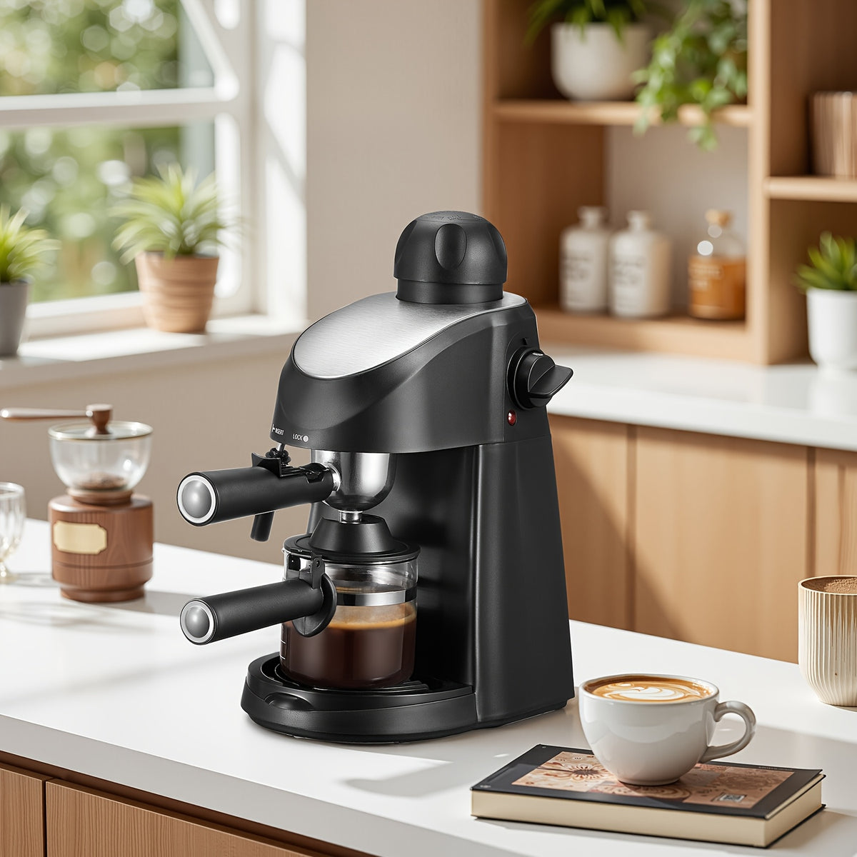 3.5 Bar Steam Espresso Machine Yabano, Compact Four-Cup Coffee Maker with Built-In Milk Frothing Wand and Removable Drip Tray in Black for Home