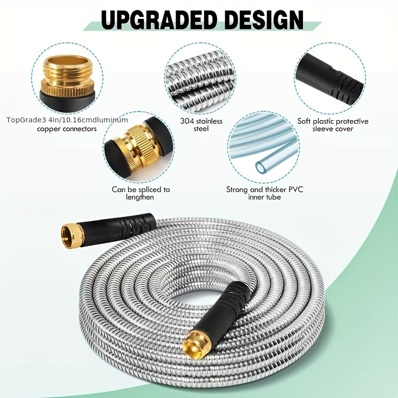 Stainless Steel Garden Hose with 10-Function Nozzle and Brass Joint, Metal Watering Hose in Multiple Length and Upgrade Kit Options for Yard and Car Care