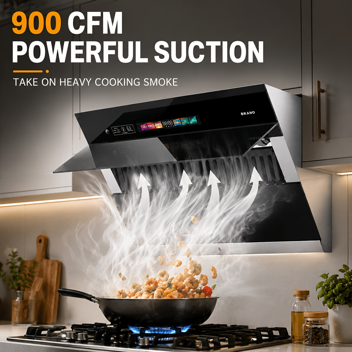 Under-Cabinet Side-Draft Range Hood by BRANO with Voice, Gesture and Touch Controls, Four Fan Speeds and Stainless Steel Filters, 30 or 36 Inch Options
