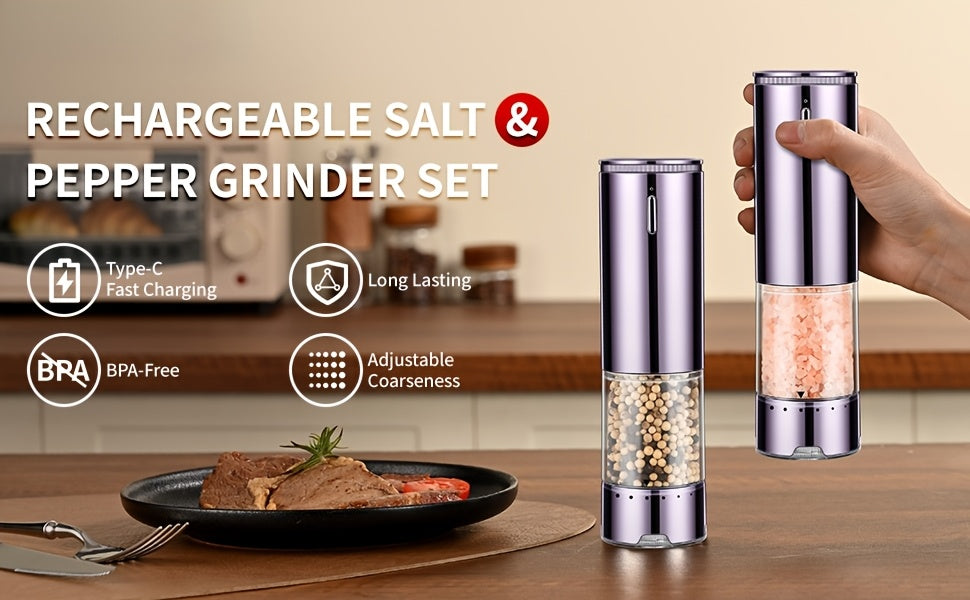 Automatic Salt and Pepper Grinder Set, 2 Refillable Electric Mills in Silvery with LED Light, Adjustable Coarseness and One-Handed Operation for Kitchen Seasoning