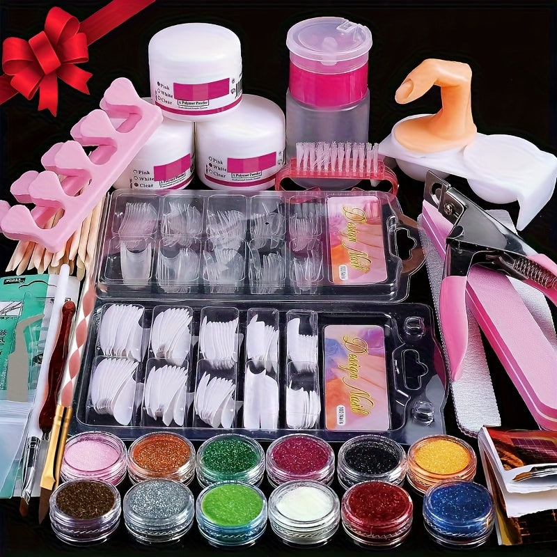 Acrylic Nail Powder Tool Kit with 12-Color Glitter Reference, Beginner or Nail Art Lamp Set Options for Adult DIY Manicures, Acrylic Liquid Not Included