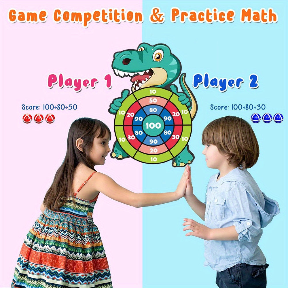 Dinosaur Sticky Target Ball Set with Blue Bow Wording, One-Set Option for Supervised Party Games, Family Gatherings and Birthday or Holiday Gift Ideas