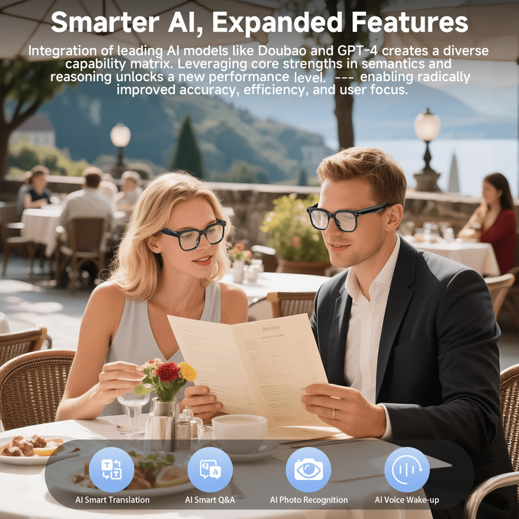M08S-AI and M02S-AI Camera Smart Glasses with Listed Video and Audio Recording, Translation, Voice Assistant, Object Recognition, Music and Calling Features