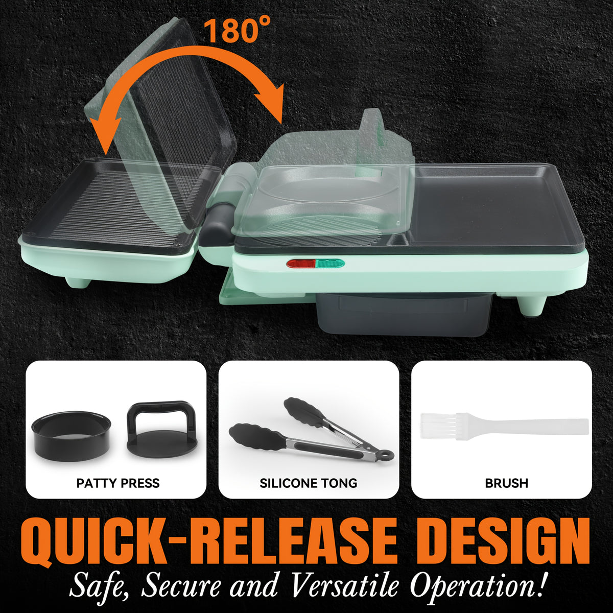 Breakfast Sandwich Maker with Burger Press, 3-in-1 Electric Griddle and Grill Combo with Nonstick Plates for Eggs, Burgers, Paninis and Morning Meals for the Whole Family, Aqua