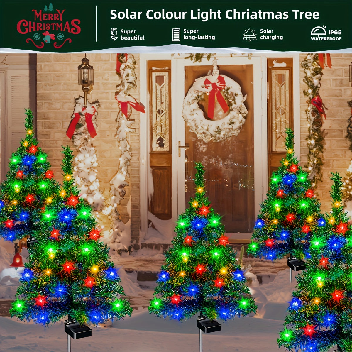 Solar Christmas Tree Lights with Listed IP65 Rating, Plastic Outdoor Holiday Decorations in One, Two or Four-Piece Options for Lawns, Terraces and Balconies