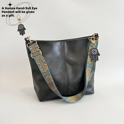 Bohemian Hobo Crossbody Bag for Women with Geometric Strap and Hamsa Hand/Evil Eye Pendant, Large-Capacity Retro Shoulder Handbag in 11 Colors