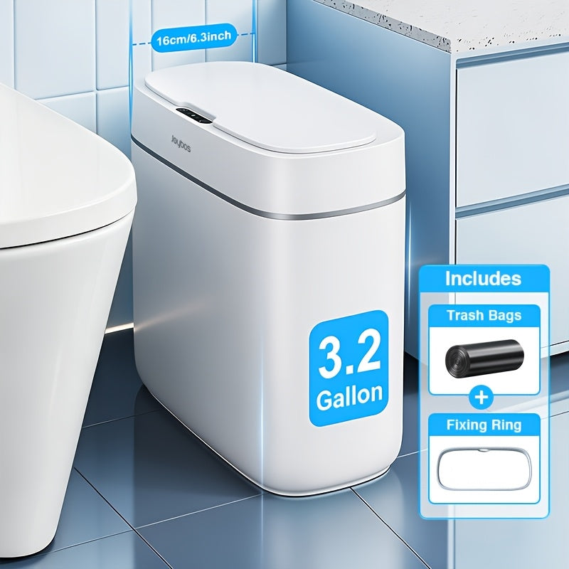 Stainless Steel Sensor Trash Can, 3.2-Gallon Rectangular Touchless Bin with Infrared Motion Detection, Included Trash Bags and Bag Fixing Ring for Home or Office