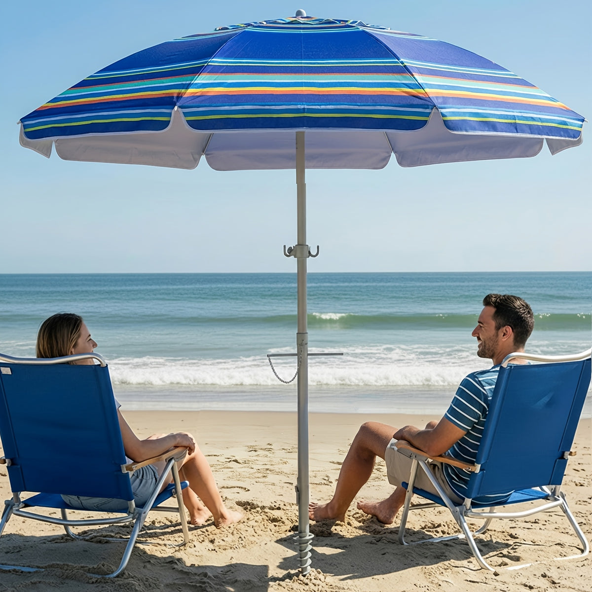 7ft Beach Umbrella with Sand Anchor and Tilt Adjustment, Vented Oxford Cloth Canopy with Fiberglass Ribs in Solid Blue, Baby Blue Stripes or Dark Blue Stripes