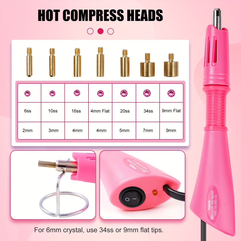 Hotfix Rhinestone Applicator Kit with Seven Tips, Three Listed Stone Boxes, Tweezers and Wax Pens, Purple or Pink Heat Tool for Compatible Fabric Craft Decoration
