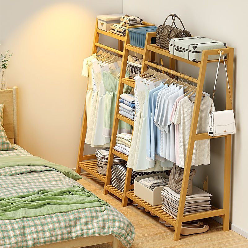 Bamboo Garment Rack with Adjustable Shelves, Five Side Storage Racks and Hat Hooks for Bedroom Organization, Brown or Nature with Four Size and Bag Option Labels