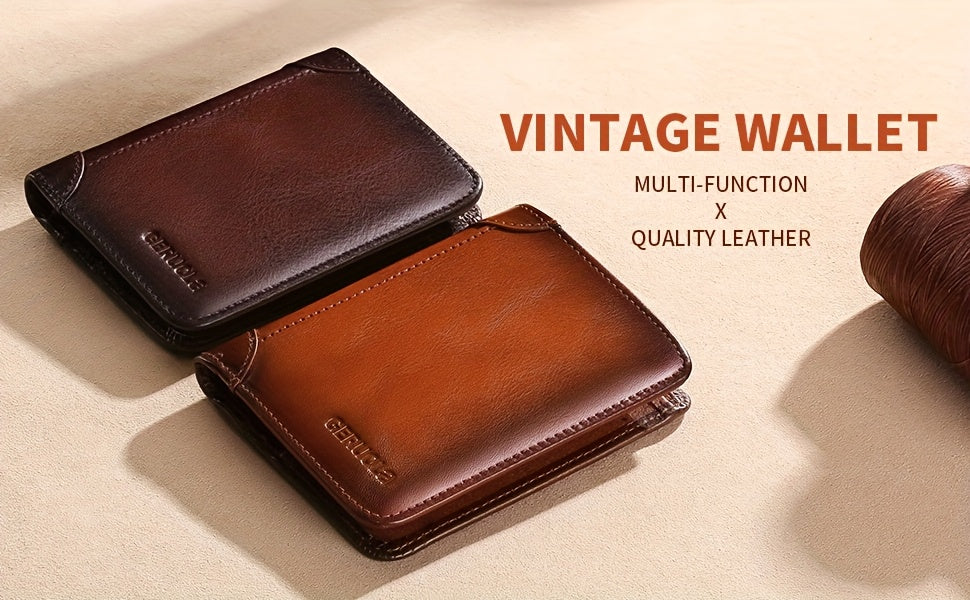RFID Blocking Leather Wallet for Men with Listed Two ID Windows and Vintage Short Design, Yellow Brown, Grey Blue and Black Bifold Style Options