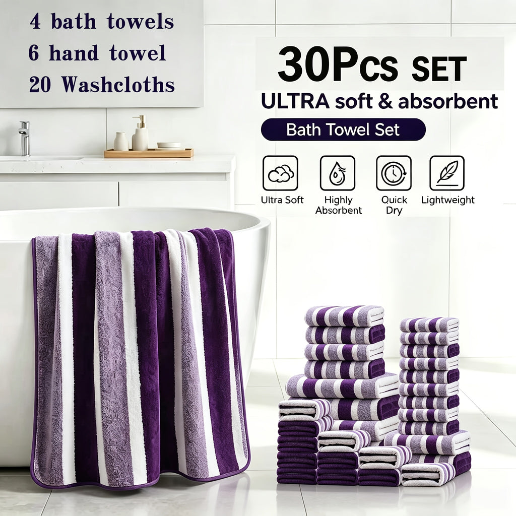 Bath Towel Set with Soft Coral Texture and Listed 30-Piece Quantity, Bright Red, Burgundy, Coffee Color or Purple Choices for Bathroom and Guest Room Routines