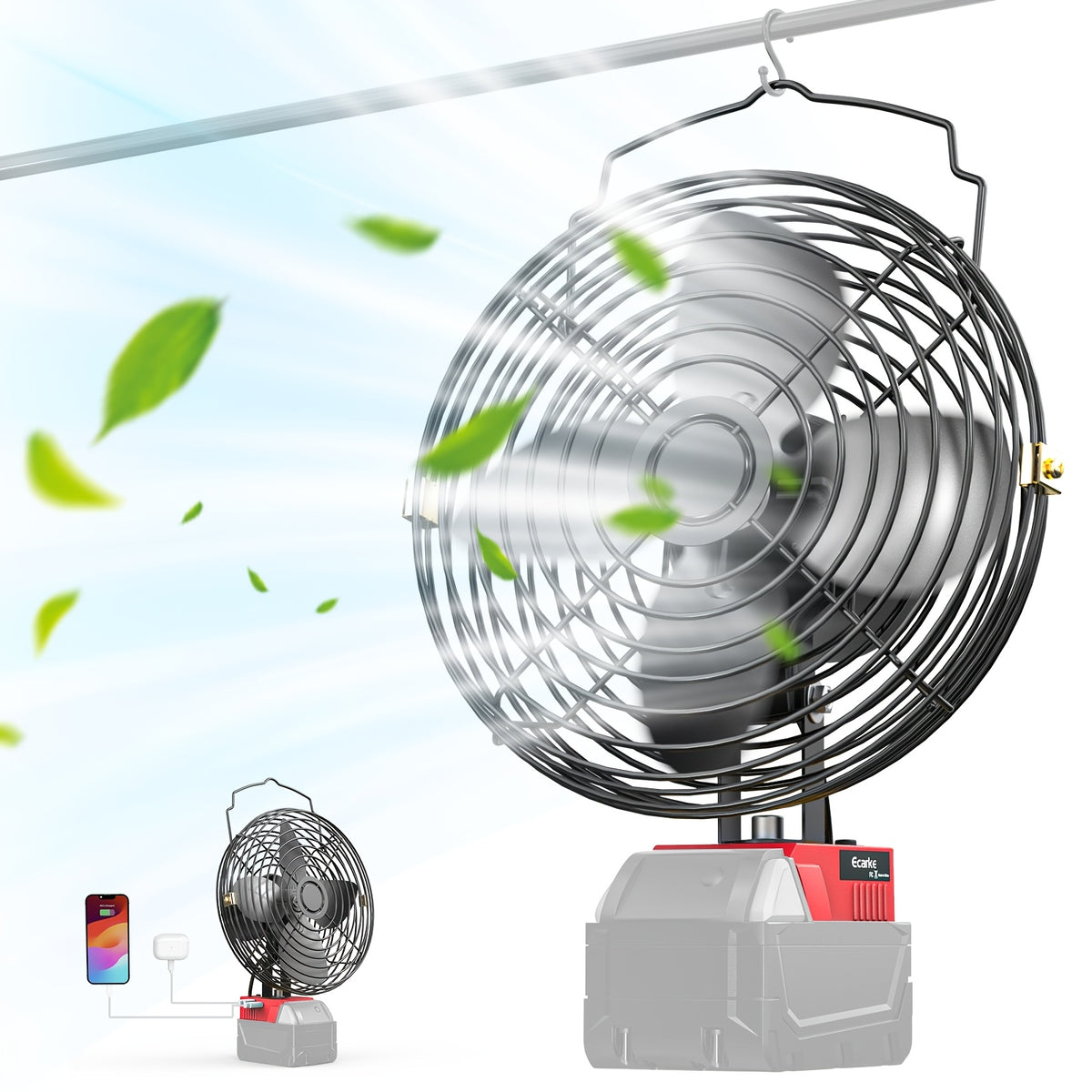Cordless Jobsite Fan by Ecarke with 8-Inch Model Labels, USB-C Power Bank Feature and Low-Voltage Protection for Garage and Workshop Use, Battery Not Included