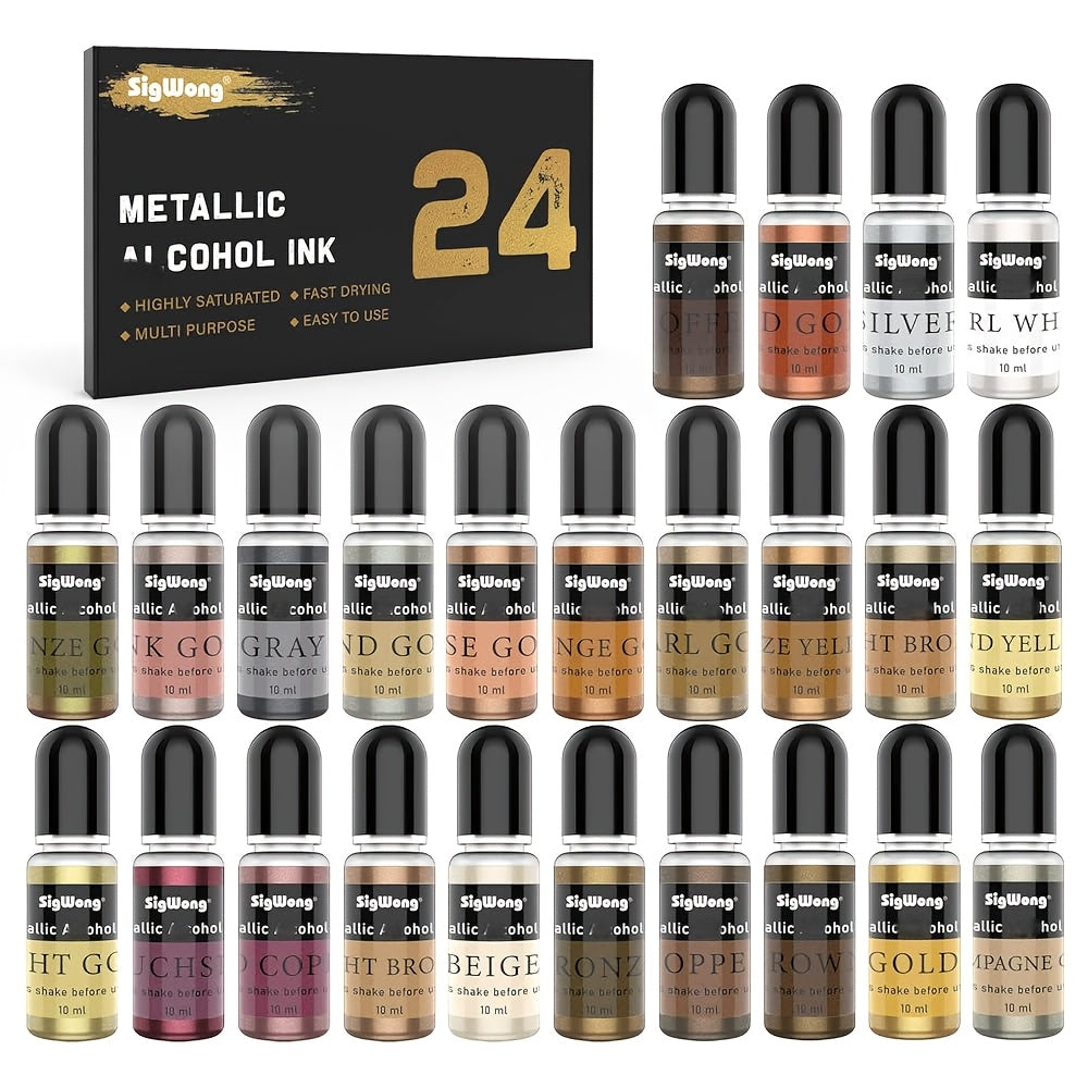 Metallic Alcohol Ink Set, 24-Color Shimmer Mixatives with Listed 0.34oz Each for Compatible Resin Coasters, Decorative Tumbler Crafts and Yupo Painting