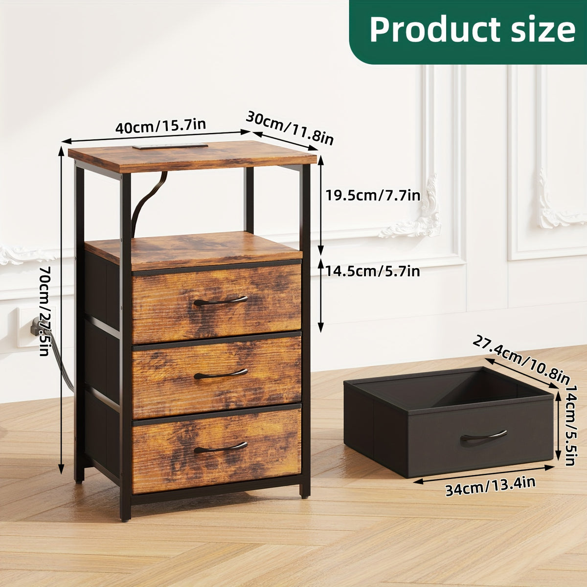 Three-Drawer Fabric Nightstand by WHONLINE with Metal Frame, Open Wood Shelves and Adjustable Feet, Single or Two-Piece Options for Bedroom and Dorm Storage