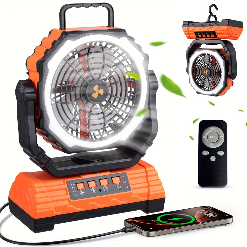 20000mAh Camping Fan with 4 LED Lanterns, Dual Motor Battery Powered Fan, 4-Speed Desk Fan with Hook, Remote Control Portable Outdoor Fan for Tent, Power Outage, Construction Site