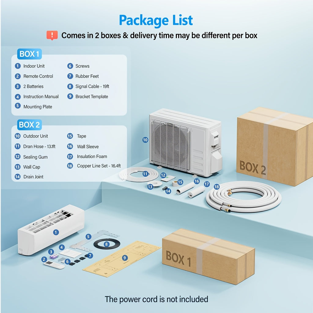 Ductless Mini Split Air Conditioner and Heat Pump, 11500 BTU WiFi Inverter System with Remote Control, Installation Kit and Washable Filter